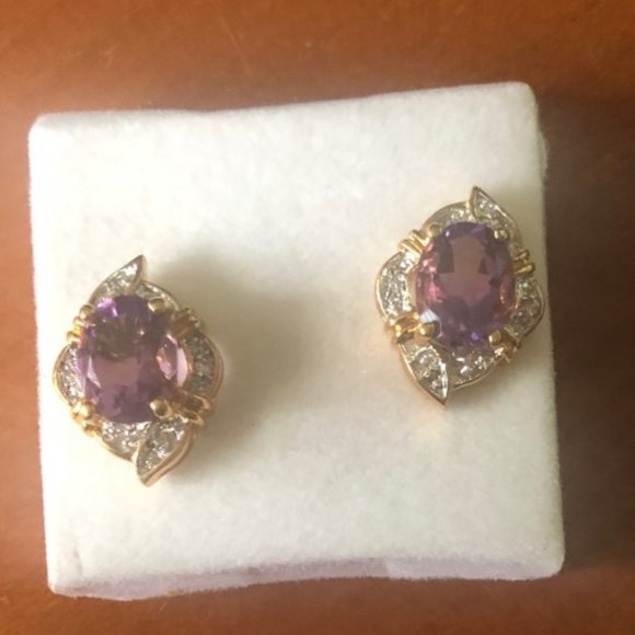 Cubic Zirconia w/Amethyst Stone Teardrop Earrings - Picture 1 of 2